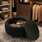 Large Round Storage Ottoman Coffee Table with Wooden Tabletop, 32 Inches Teddy Fleece Tufted Ottoman for Living Room, Bedroom, Apartments (Black)