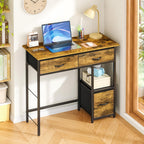 3IngSeagulls 33 Inch Small Computer Desk with Fabric Drawers, Home Office Desk with Storage Shelf, Compact Desks for Small Spaces, Teen Study Table for Bedroom, Rustic Brown