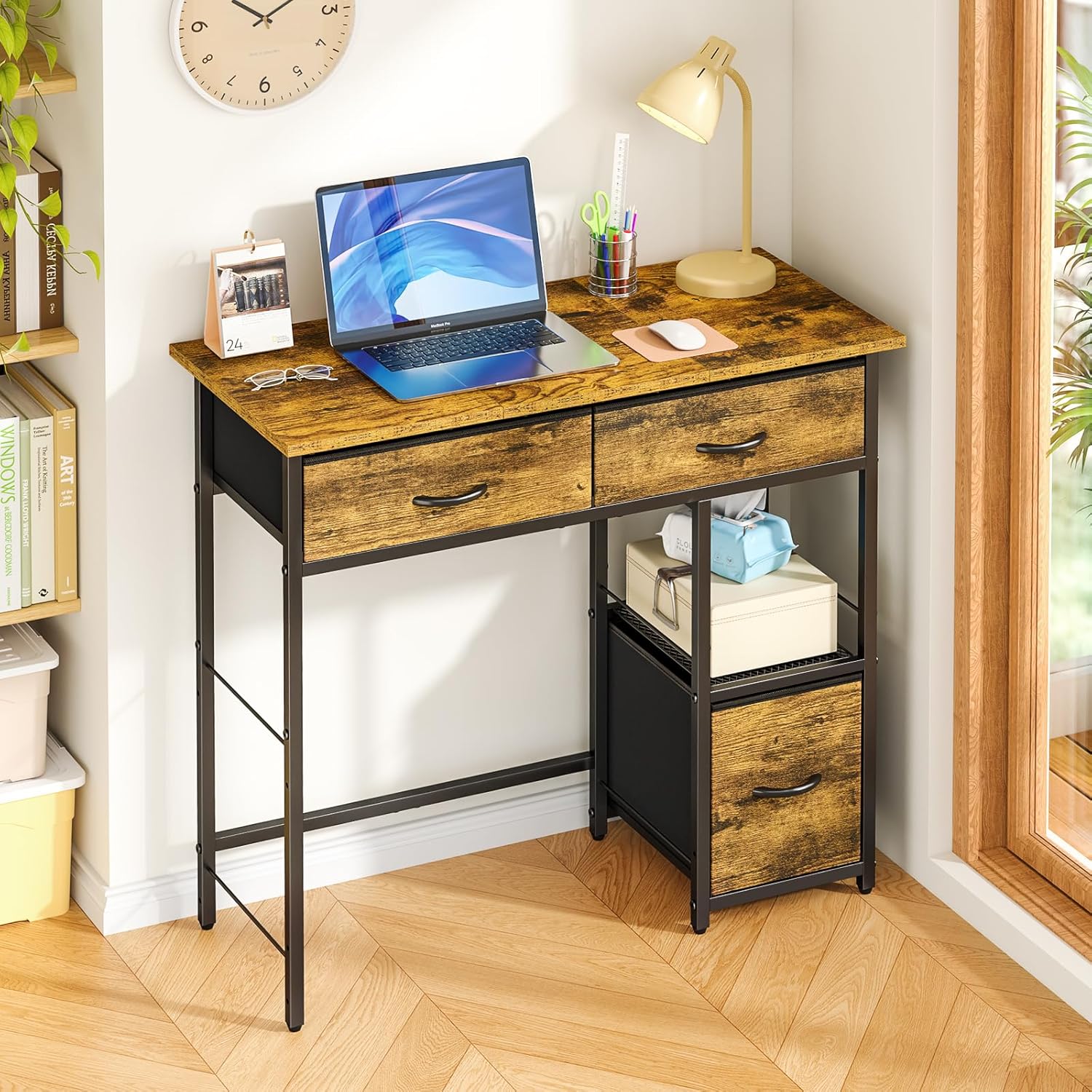 3IngSeagulls 33 Inch Small Computer Desk with Fabric Drawers, Home Office Desk with Storage Shelf, Compact Desks for Small Spaces, Teen Study Table for Bedroom, Rustic Brown