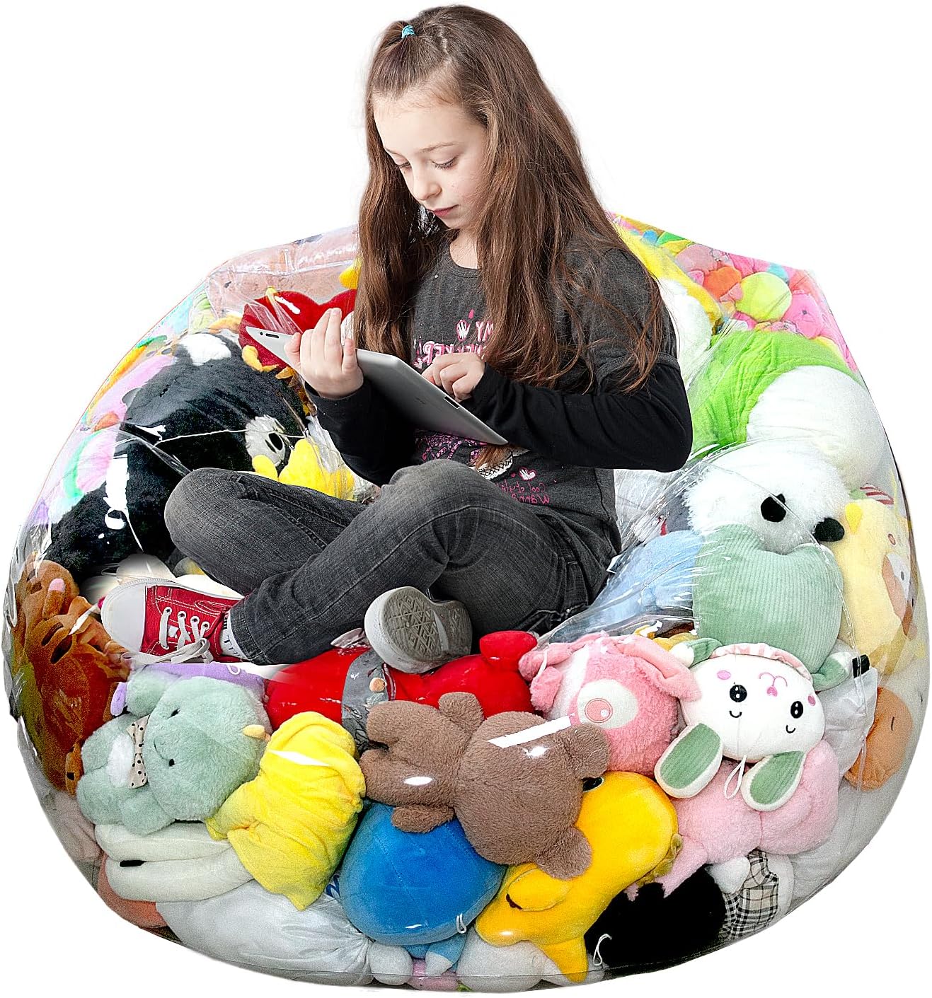 Clear Stuffed Animal Storage Bean Bag Chair Cover for Kids with Zipper | Transparent Waterparoof Wipe Clean Thicker PVC, Holds 100+ Stuffed Animals, Double Zipper for Plush Toys Storage & Organizing
