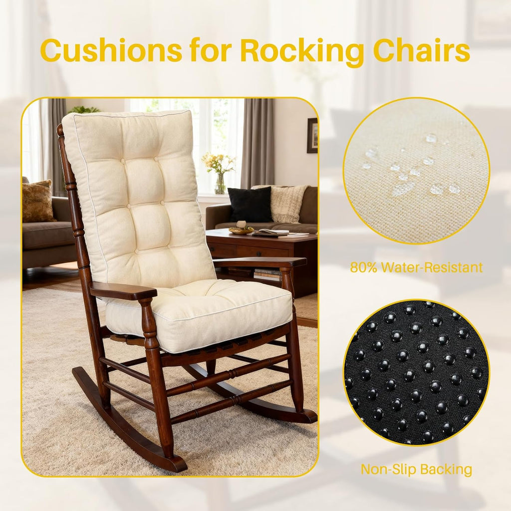 YZ HOME Rocking Chair Cushion, Set of Thicken Seat & Back Chair Cushions with Memory Foam, Non-Slip Chair Pad with Ties for for Indoor&Outdoor Rocker, Beige, 22x17x5/17x17x5