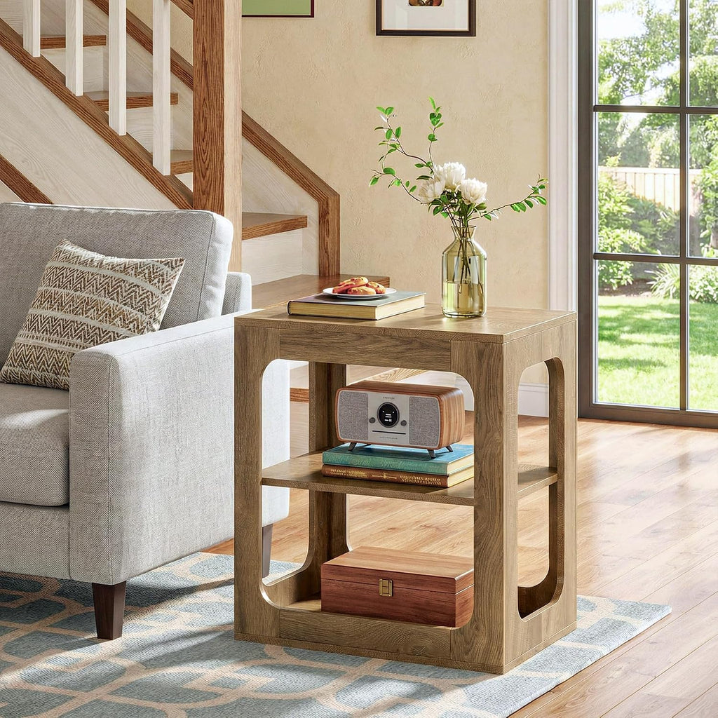 Tribesigns End Table with Storage Shelves, 3-Tier Side Table with Sturdy Base, Farmhouse Wooden Bedside Nightstand for Living Room, Bedroom, Rustic Brown