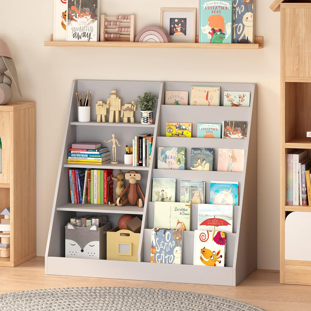 4 Tier Kids Bookshelf for Nursery, Baby Toddler Bookshelves Toy Organizers and Storage Bookcase, Wooden Children Book Shelf for Kids Rooms Classroom (Grey)