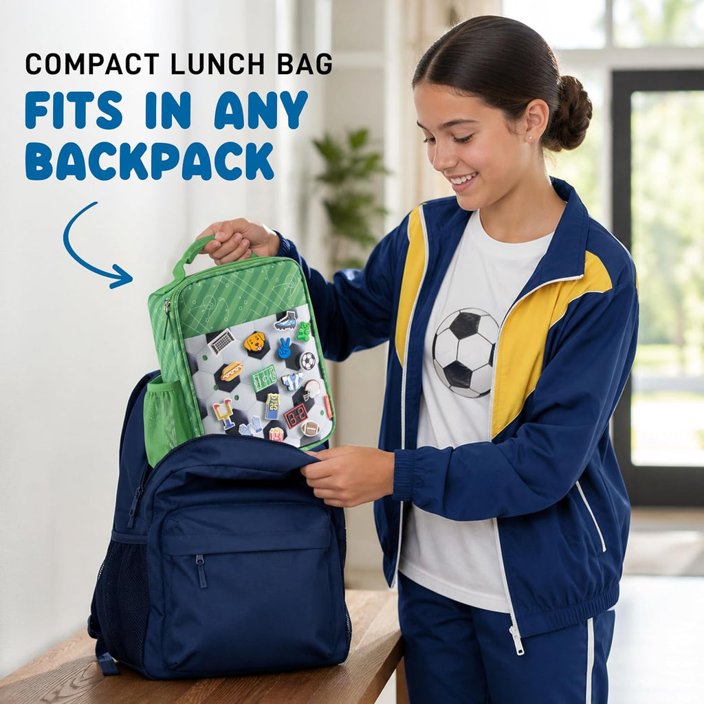 Fit & Fresh Customizable Charm Lunch Bag for Boys & Girls, Soccer Kids Lunch Box with 6 Sports Charms, Premium Insulated Reusable Lunch Tote for School