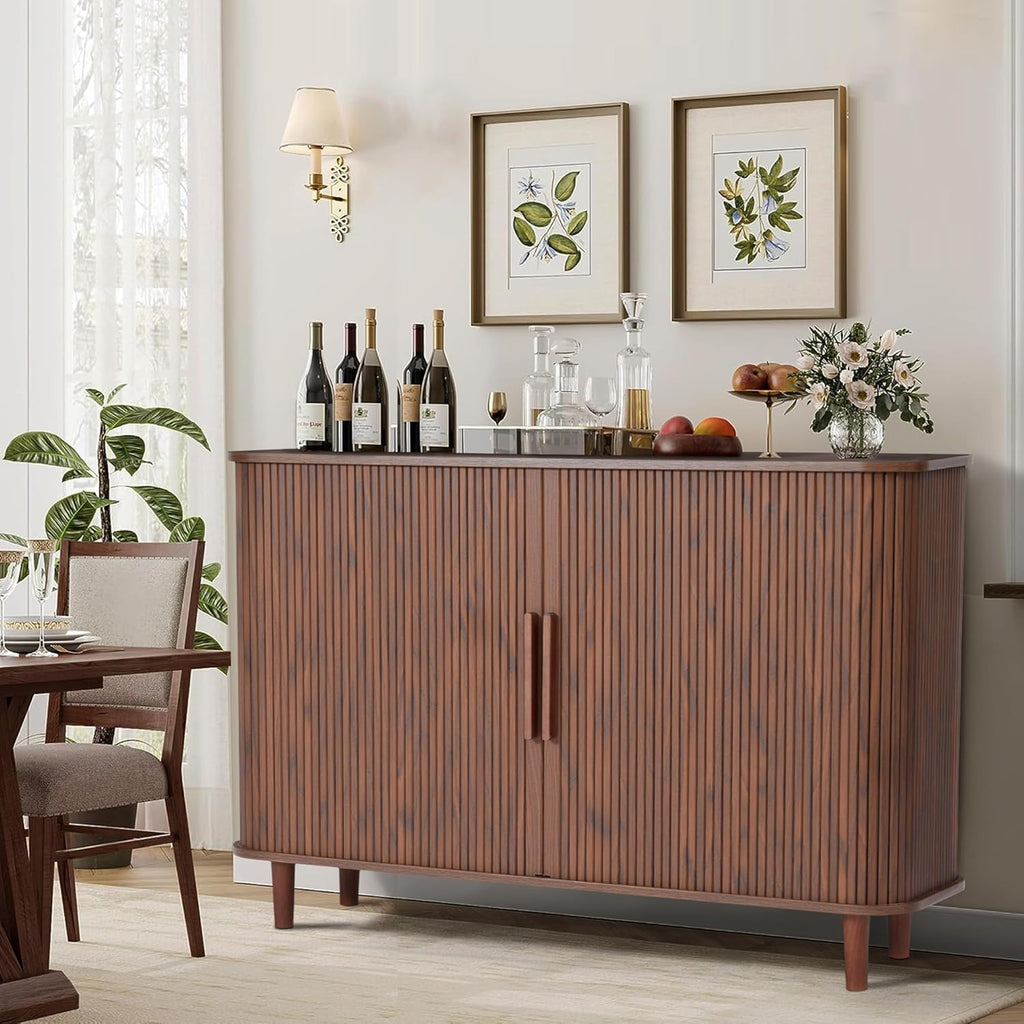 Fluted Sideboard Cabinet, Sideboard Buffet Cabinet with Storage and Sliding Doors, Modern Kitchen Storage Cabinet Coffee Bar Table for Living Room, Kitchen, Entryway (Walnut)
