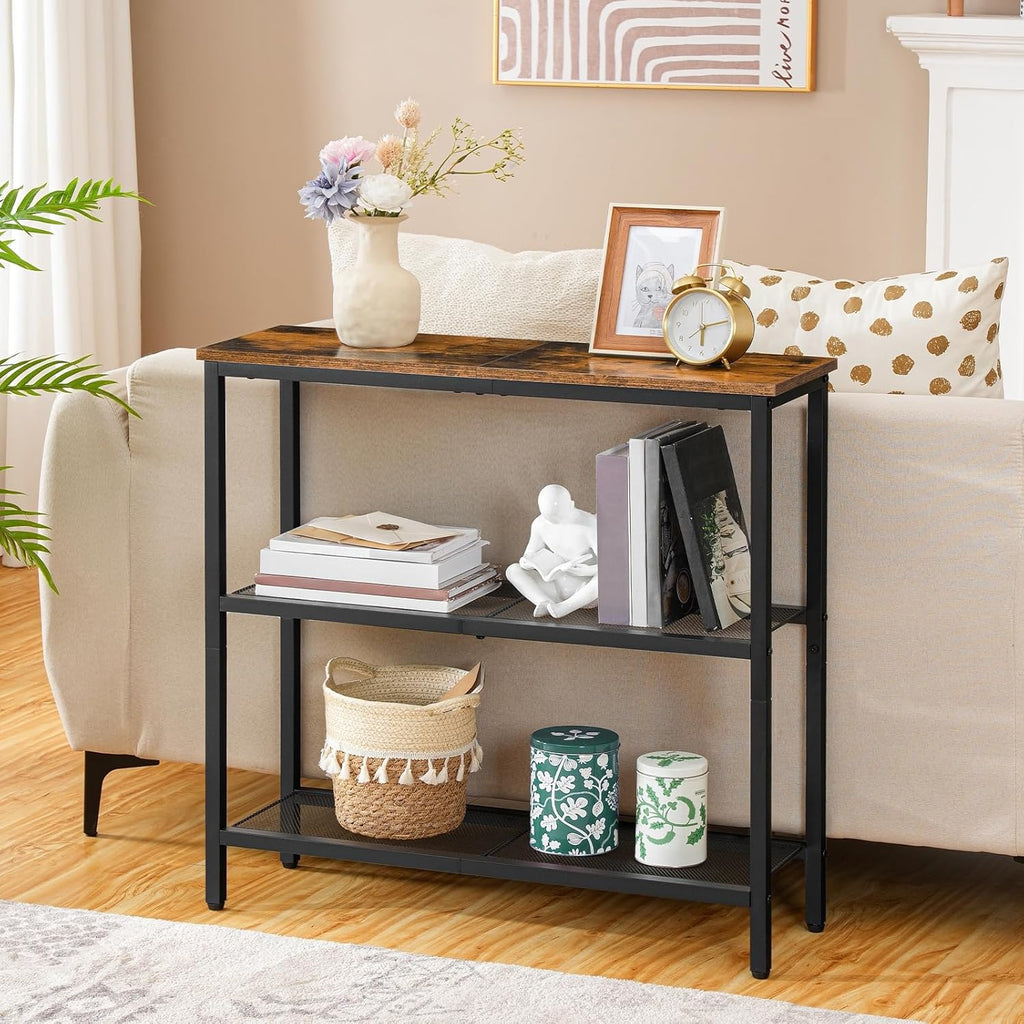 HOOBRO 29.5" Narrow Console Table, 3-Tier Entryway Table, Thin Sofa Table with Shelves, Side Table, Display Table, for Hallway, Entrance, Living Room, Bedroom, Rustic Brown and Black BF73XG01