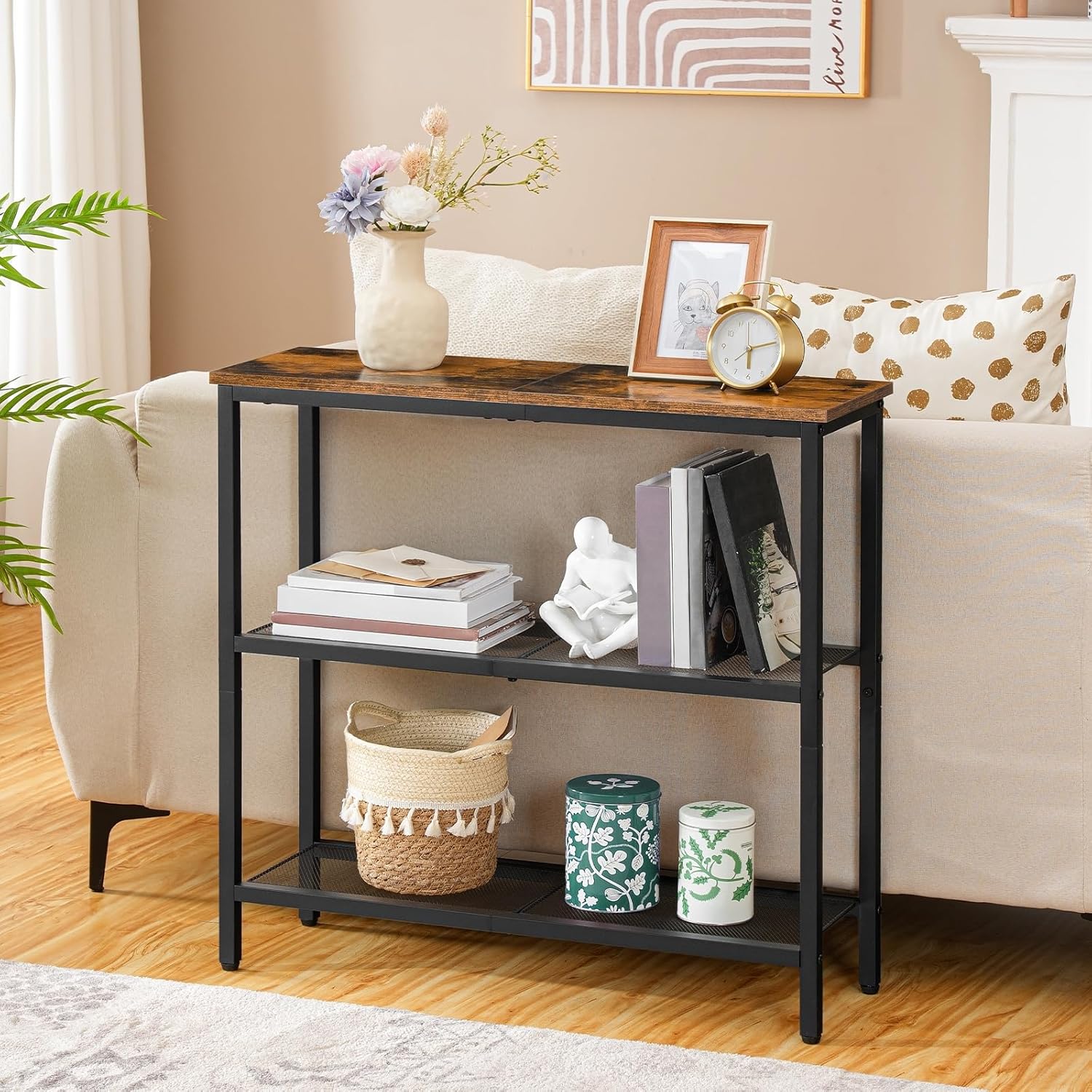 HOOBRO 29.5" Narrow Console Table, 3-Tier Entryway Table, Thin Sofa Table with Shelves, Side Table, Display Table, for Hallway, Entrance, Living Room, Bedroom, Rustic Brown and Black BF73XG01