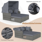 RELAX4LIFE Patio Outdoor Daybed with Canopy, Wicker Rattan Sunbed w/Cushions, 4 Pillows & 2 Retractable Side Trays, 2-Person Lounge Bed Conversation for Poolside Porch Garden (Gray-Grey)