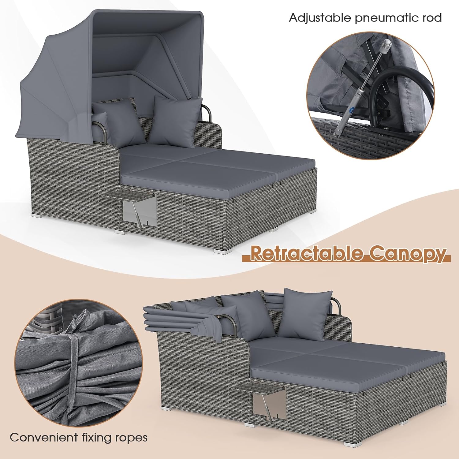 RELAX4LIFE Patio Outdoor Daybed with Canopy, Wicker Rattan Sunbed w/Cushions, 4 Pillows & 2 Retractable Side Trays, 2-Person Lounge Bed Conversation for Poolside Porch Garden (Gray-Grey)