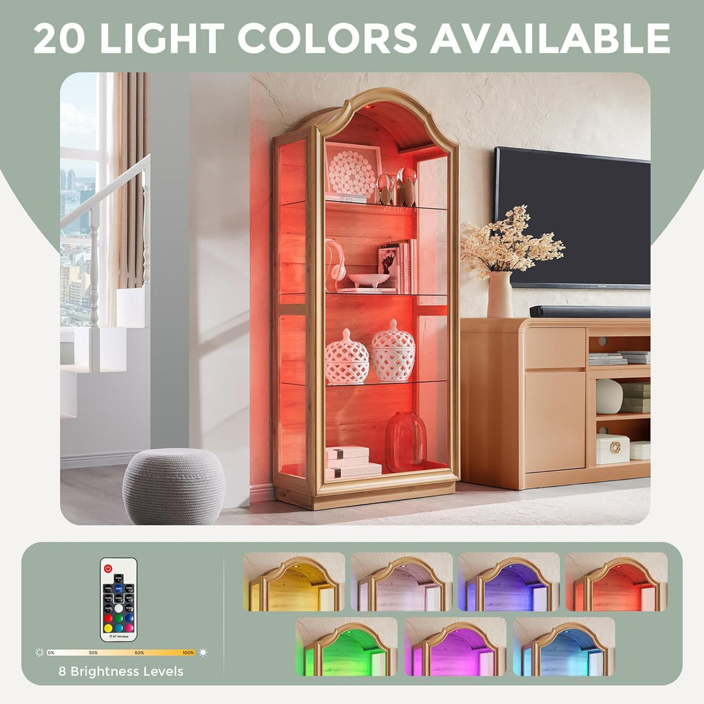 IFGET 72" Arched Glass Display Cabinet, Modern Curio Cabinet with 20 Color Lights, 4-Tier Display Case Shelf with Brightness/Speed Adjustable for Living Room, Dining Room, Study Room-Natural