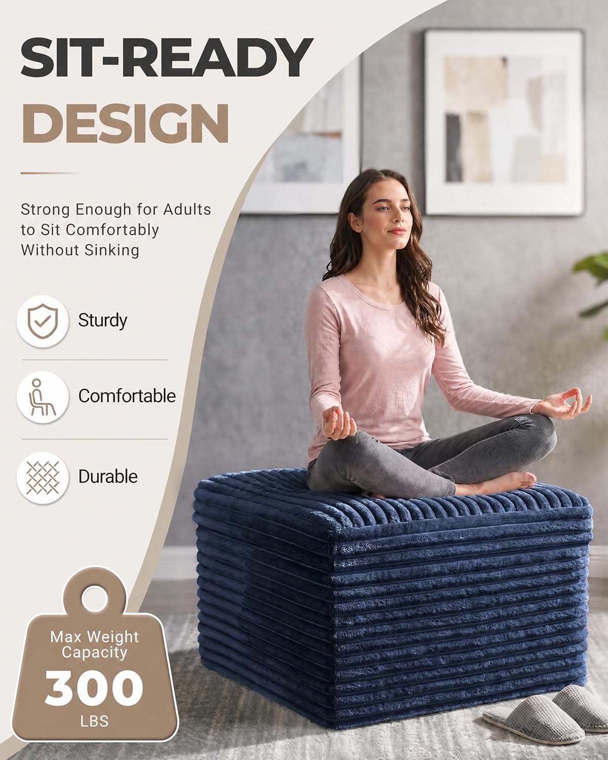 23.6in Pouf Ottoman, Corduroy Ottoman Foot Rest with Dual‑Layer Support, Large Poofy Pouf with Soft Chunk‑Foam Top & Firm Foam Base, Floor Foot Stool for Living Room, Blue