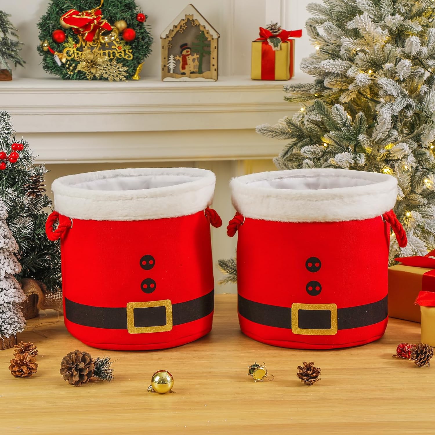 Christmas Bucket Xmas Buckets Red Santa Belt Round Basket with Handles, Christmas Game Ornaments Storage Tins Gift Basket Empty Decorative Kitchen Candy Bars for Xmas Winter Holidays Party Favors