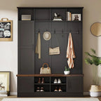 Merax Farmhouse Wood Hall Tree with Shoe Bench and 2 Drawers, 4-in-1 Coat Rack with 6 Hooks for Entrance, Hallway, Mudroom Black