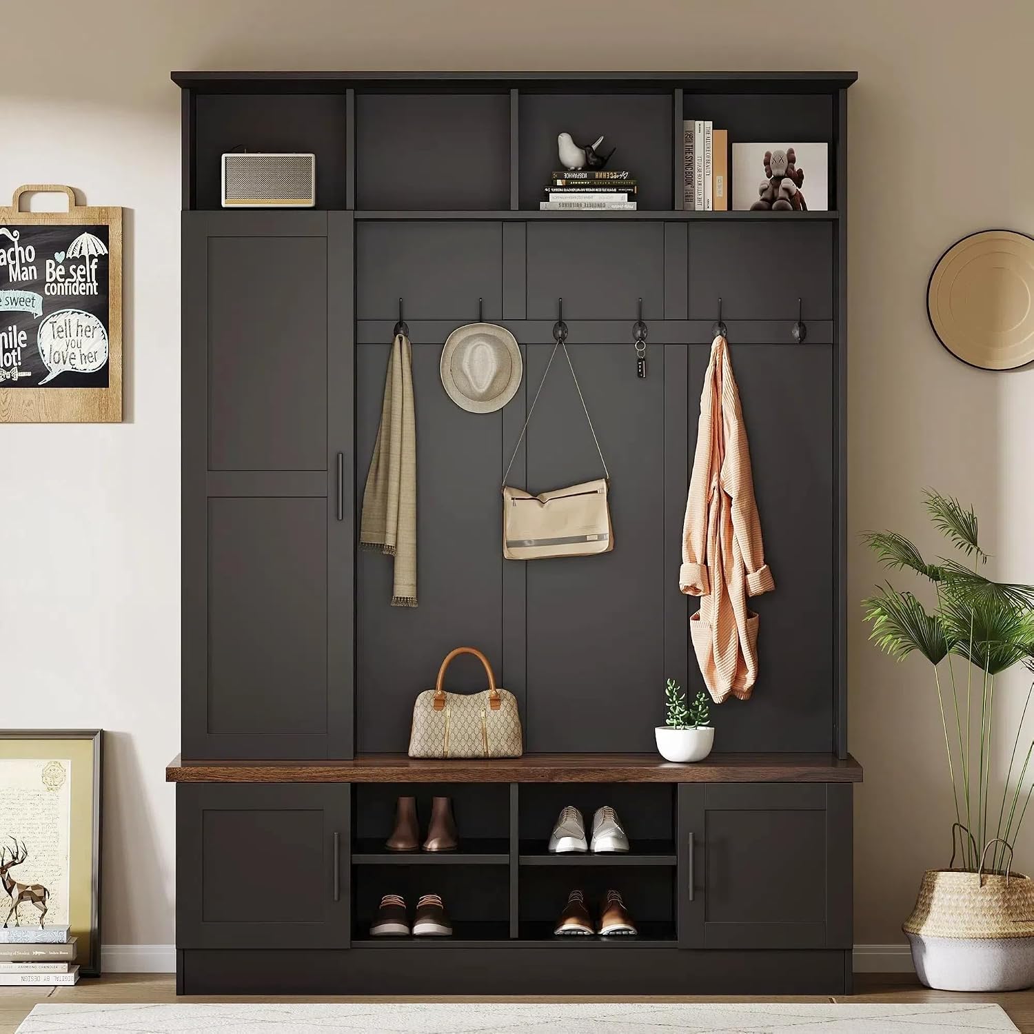Merax Farmhouse Wood Hall Tree with Shoe Bench and 2 Drawers, 4-in-1 Coat Rack with 6 Hooks for Entrance, Hallway, Mudroom Black