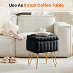 DUMOS Vanity Stool Chair, Ottoman with Storage, Makeup Cute Soft Small Footstool, Modern Style Faux Fur Seat with 4 Metal Legs & Adjustable Feet for Dressing, Living Room, Bedroom, Dorm, Black