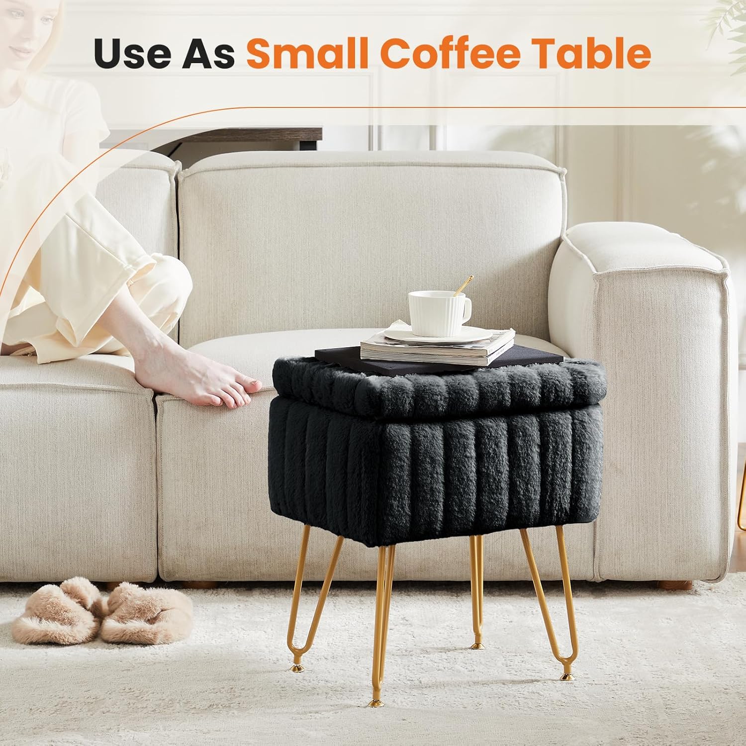 DUMOS Vanity Stool Chair, Ottoman with Storage, Makeup Cute Soft Small Footstool, Modern Style Faux Fur Seat with 4 Metal Legs & Adjustable Feet for Dressing, Living Room, Bedroom, Dorm, Black