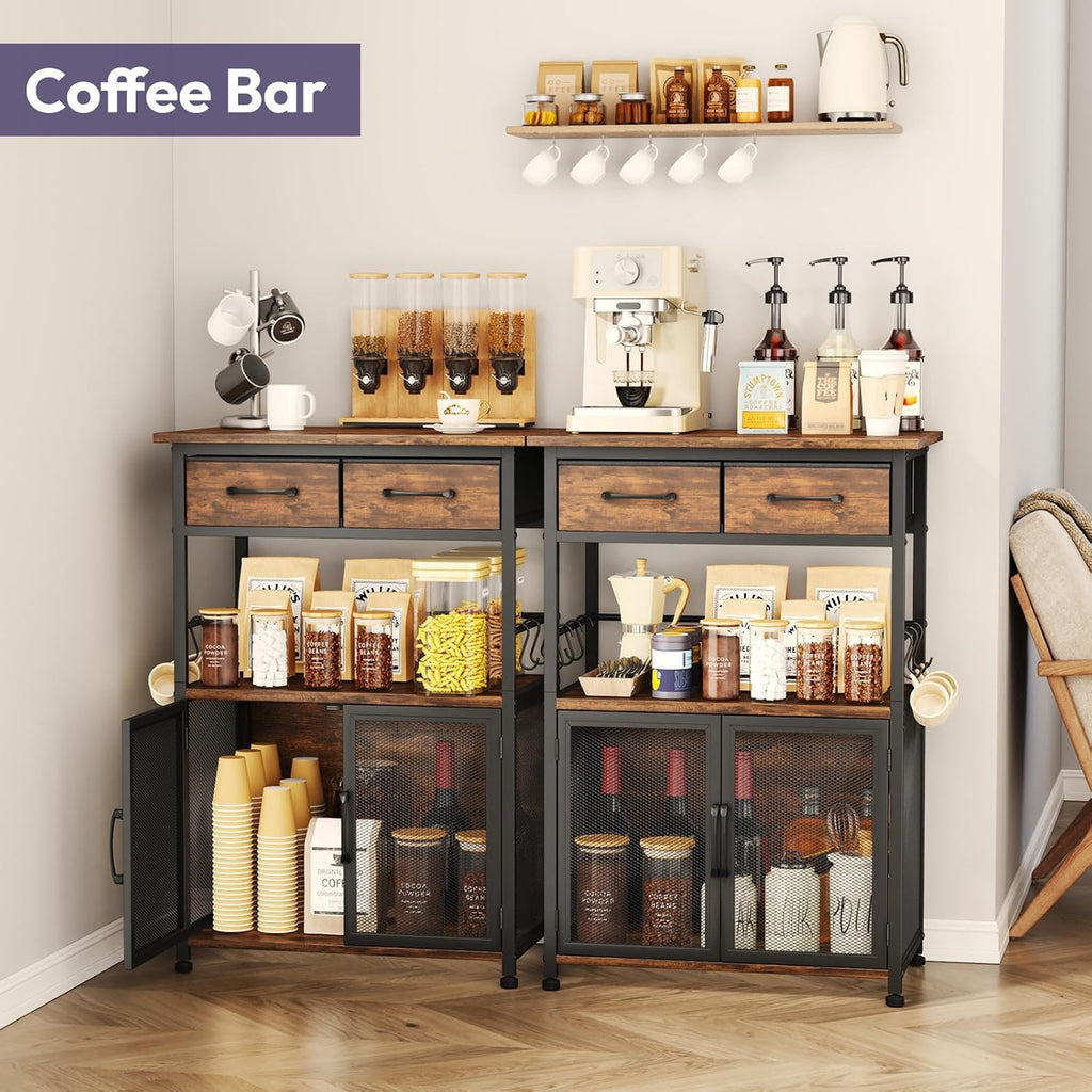 SWTYMIKI Coffee Bar Cabinet with Drawer - Coffee Stand Station with Removable Hooks, Buffet Cabinet for Coffee Maker or Microwave, Kitchen Bar Table Storage Organizer (Espresso, 20.47"x13.78"x31.3")
