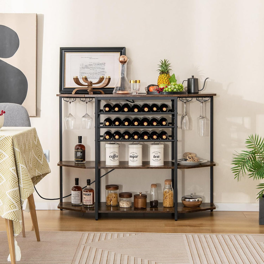 COSTWAY Wine Bar Cabinet, 3-Tier Liquor Cabinet with Power Outlets, Wine Bottle Racks, Glass Holders, Coffee Bar Cabinet, Freestanding Mini Bar Table for Kitchen, Dining Room, Pub (Rustic Brown)