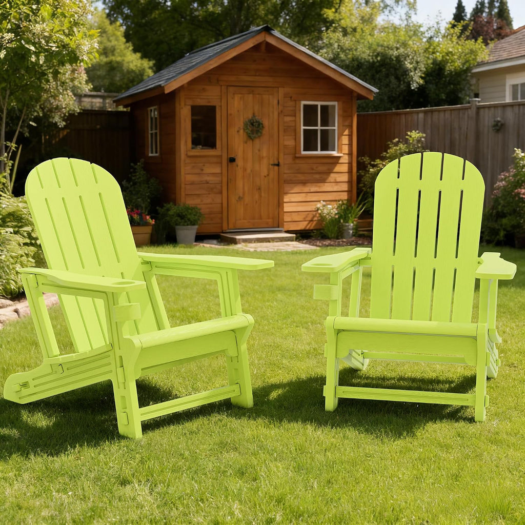 Vongrasig Adirondack Chairs Set of 2 with Removable Tabletop, Outdoor HDPE Plastic Fire Pit Chair Set with Wooden Textured, Cup Holder for Patio, Poolside, Deck, Garden, Green, 3 Pieces