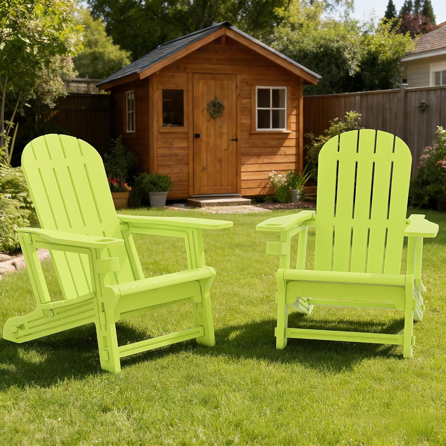 Vongrasig Adirondack Chairs Set of 2 with Removable Tabletop, Outdoor HDPE Plastic Fire Pit Chair Set with Wooden Textured, Cup Holder for Patio, Poolside, Deck, Garden, Green, 3 Pieces