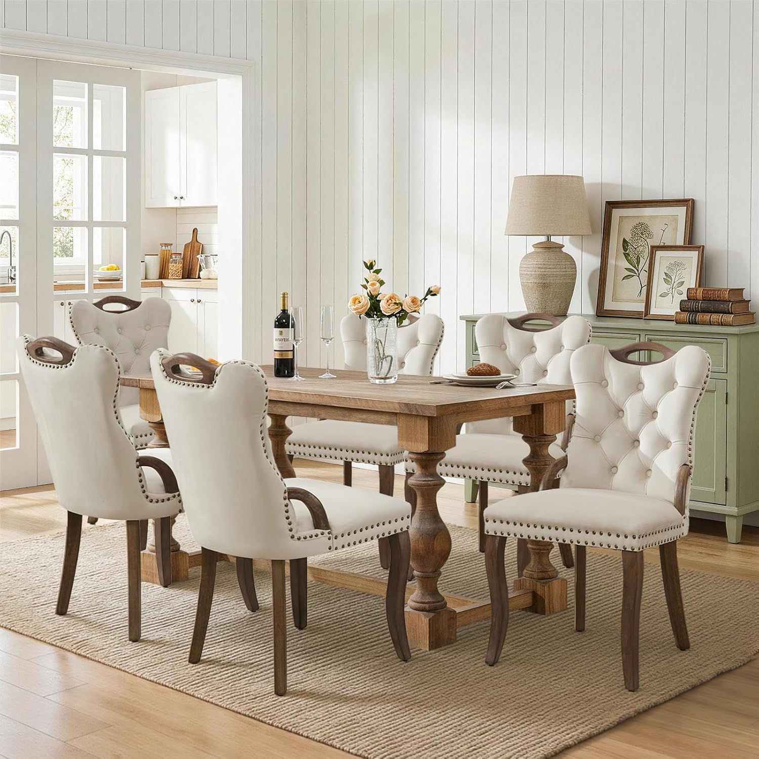 SoarFlash Velvet Dining Chair Set of 6, Solid Wood Handles, Upholstered Tufted Dining Room Chair with Nailhead Trim for Dining Room, Living Room, Office (Beige)