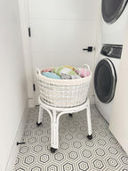 KOUBOO Rolling Wicker Laundry Basket, Handwoven Wicker Hamper with Removable Cotton Liner, Stand, & Locking Caster Wheels (White)