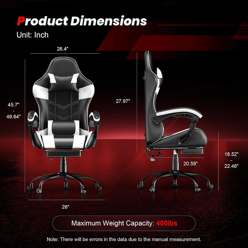 Gaming Chair with Footrest, Ergonomic Video Game Chair with Headrest and Lumbar Support, 400 lbs Adult Chair, Height Adjustable 360° Swivel High Back Reclining Computer Chair for Home Office (White)