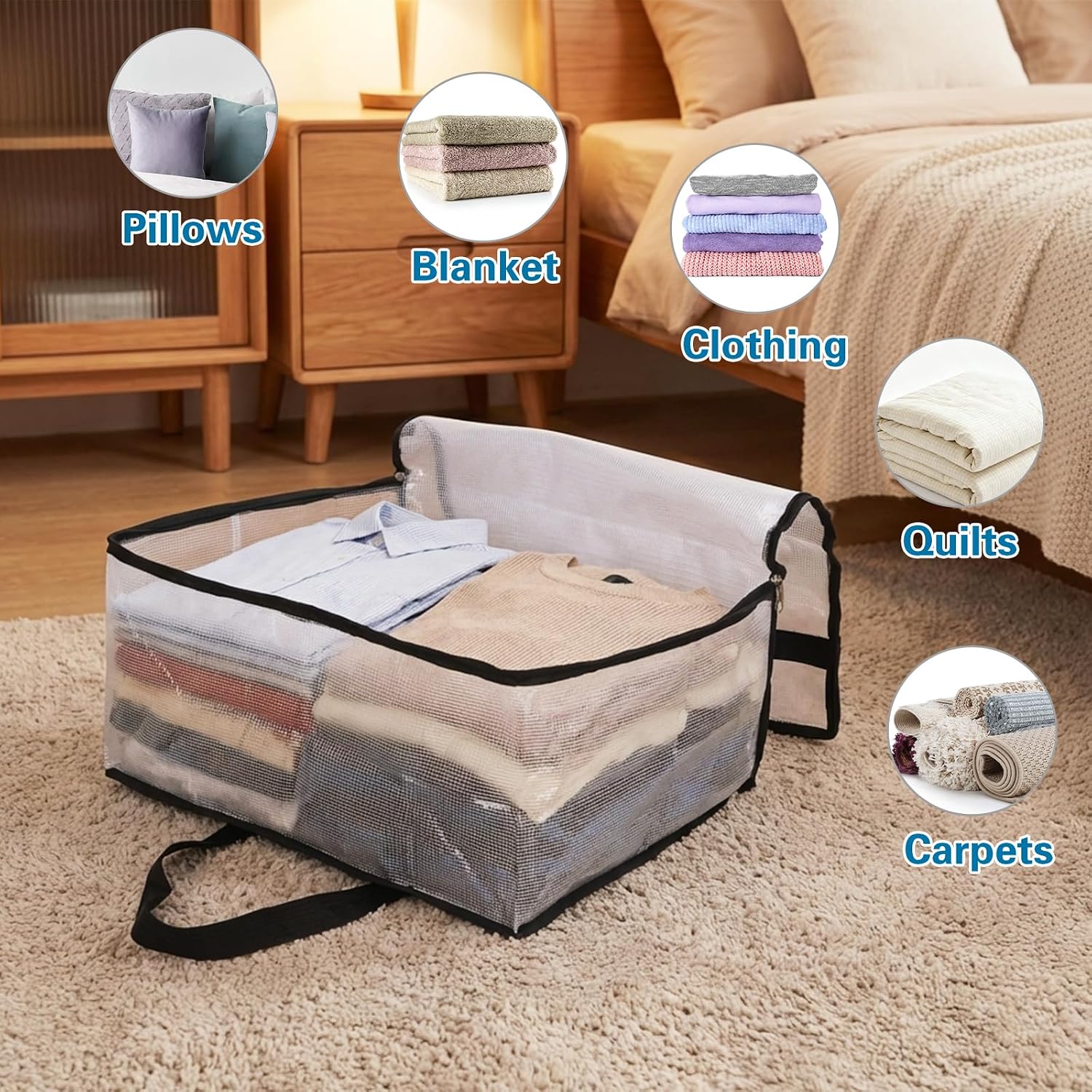 Fixwal Blanket Storage Bags With Zipper, 40L Mesh Clear Closet Organizers and Storage Containers for Bedding Duvet Comforter Underbed, 4 Pack