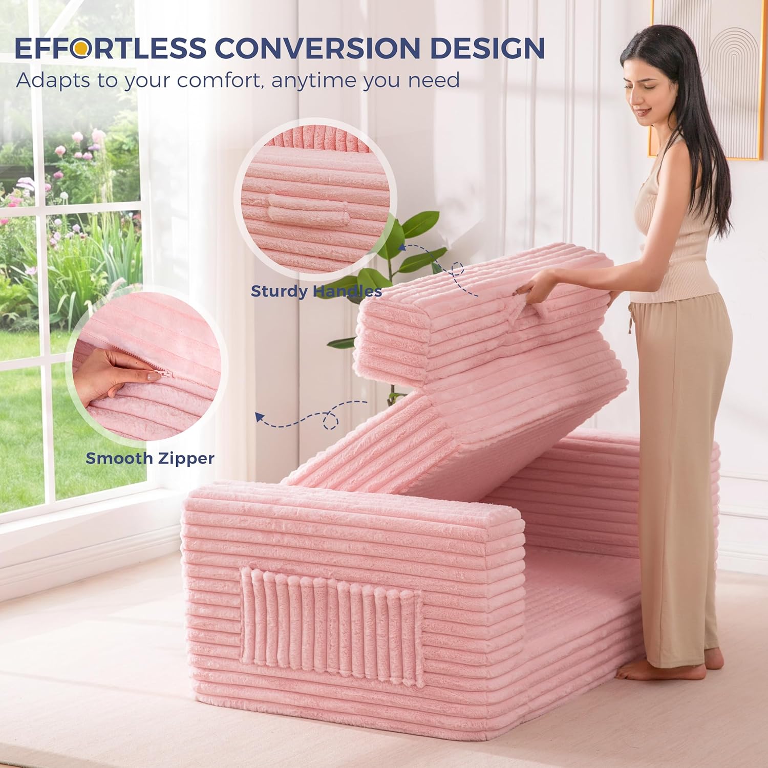 MAXYOYO Convertible Sofa Bed, 2 in 1 Folding Couch Bed for Small Space, Pull Out Loveseat Sofa Couch with Large Back Pillow, Plush Faux Fabric Lounge Couch for Living Room, Apartment, Pink
