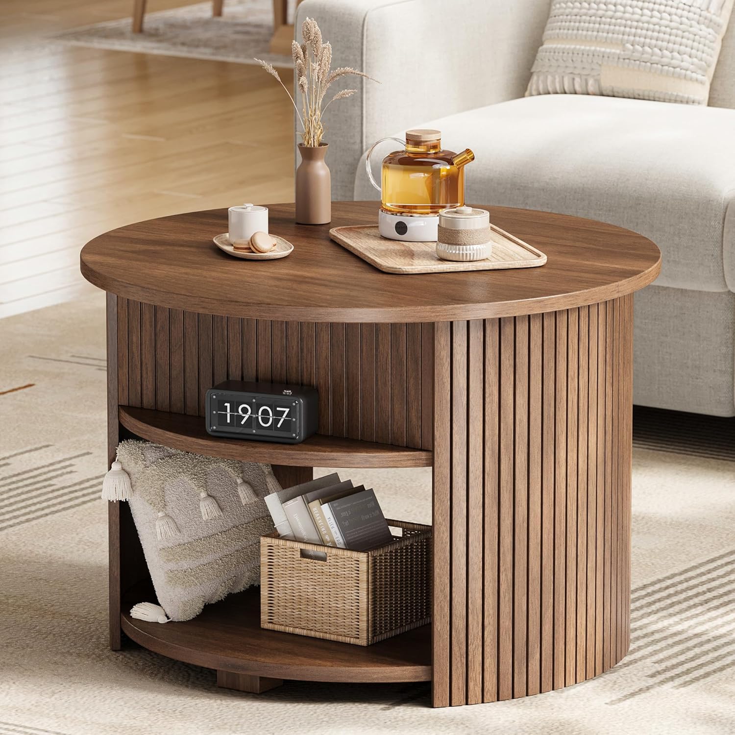 Decofy Round Lift Top Coffee Table with Storage, Fluted Mid-Century Modern Coffee Tables for Living Room, with Hidden Compartment & Open Shelves, for Small Spaces & Home Office(26.77" Walnut)