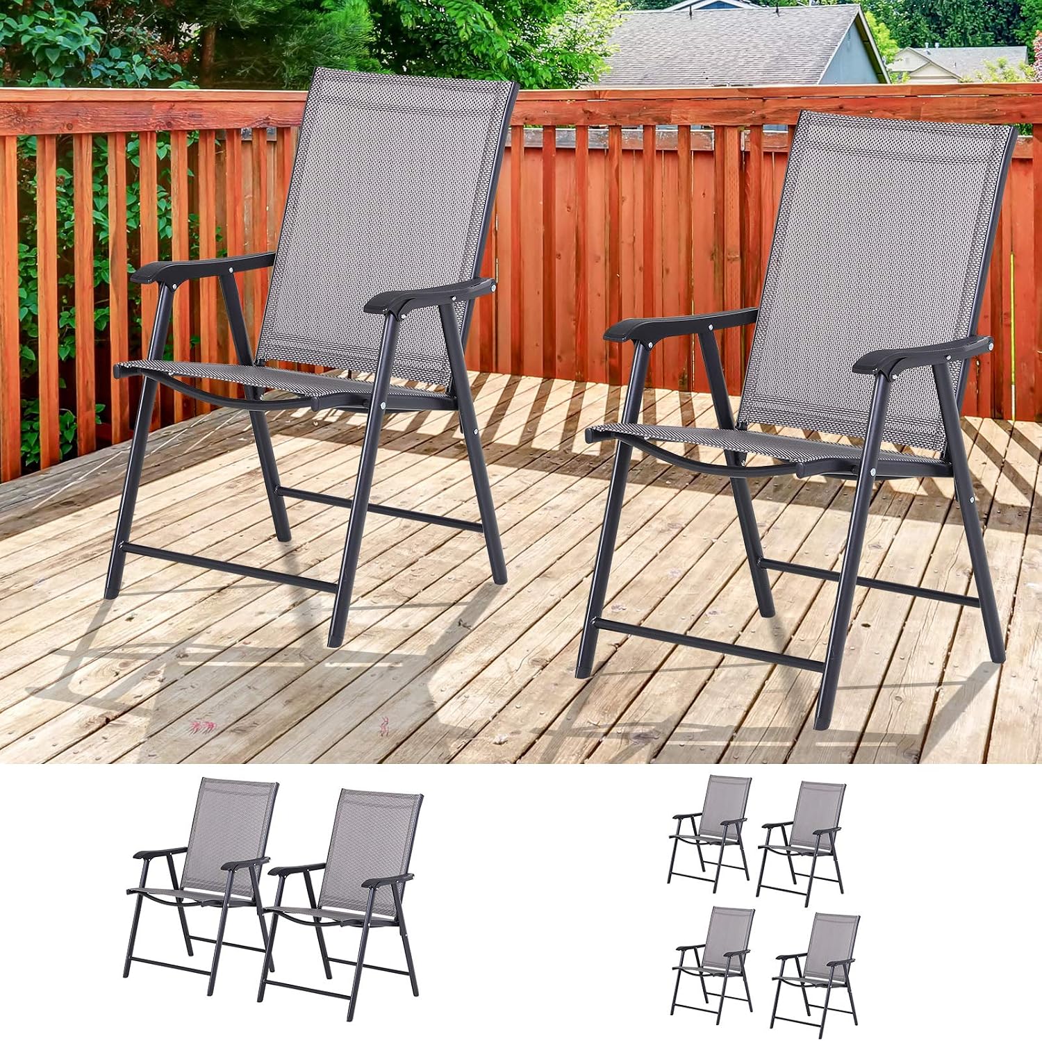 Set of 2 Patio Folding Chairs, Stackable Outdoor Sling Patio Dining Chairs with Armrests for Lawn, Camping, Dining, Beach, Metal Frame, No Assembly, Gray