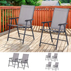 Set of 2 Patio Folding Chairs, Stackable Outdoor Sling Patio Dining Chairs with Armrests for Lawn, Camping, Dining, Beach, Metal Frame, No Assembly, Gray