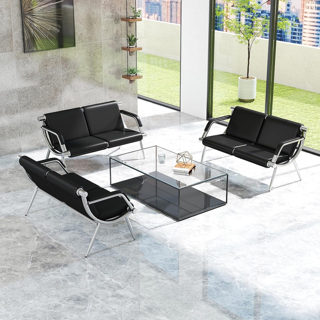 Kinfant Waiting Room Chair- Office Reception Furniture with Armrest and PU Leather Cushion, Office Guest Chair for Waiting Room Airport Hospital Bank Lobby, Black (2-seat*3)