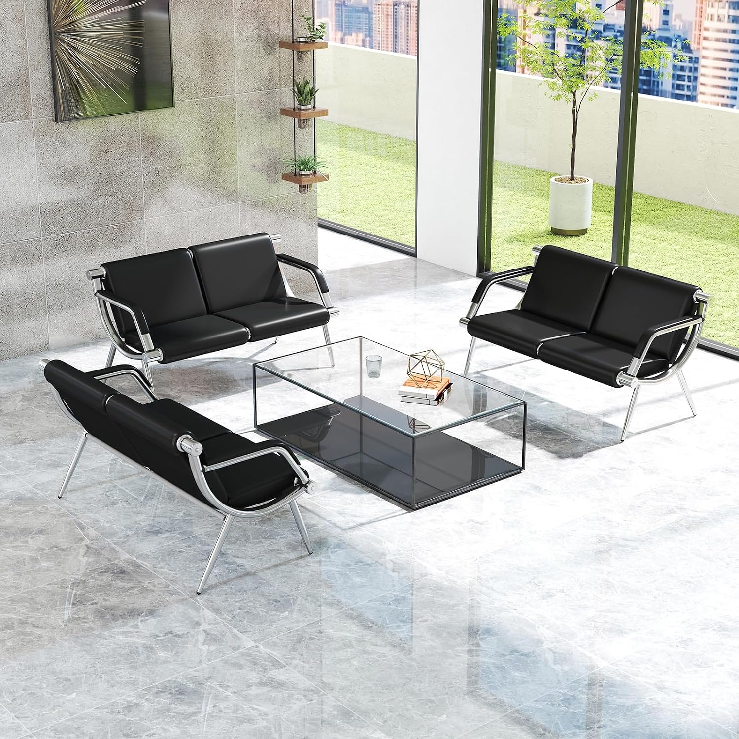 Kinfant Waiting Room Chair- Office Reception Furniture with Armrest and PU Leather Cushion, Office Guest Chair for Waiting Room Airport Hospital Bank Lobby, Black (2-seat*3)