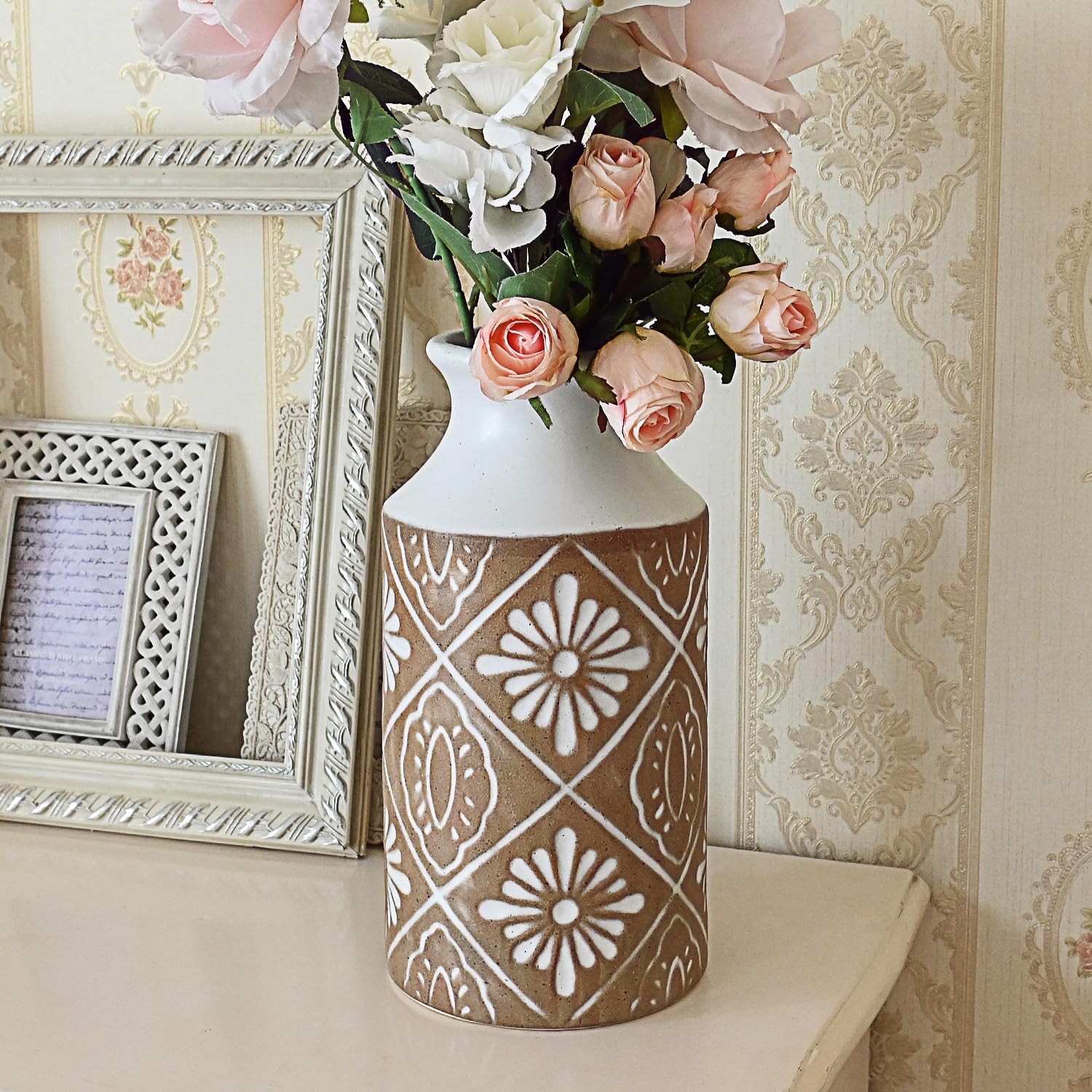 Rustic Ceramic Vase Set of 2 for Living Room Bedroom 11.02'' and 9.05'' Large Unique Flower Vases for Home Decor Office Centerpieces Fireplace Vintage Antique Farmhouse Modern Gift for Plant