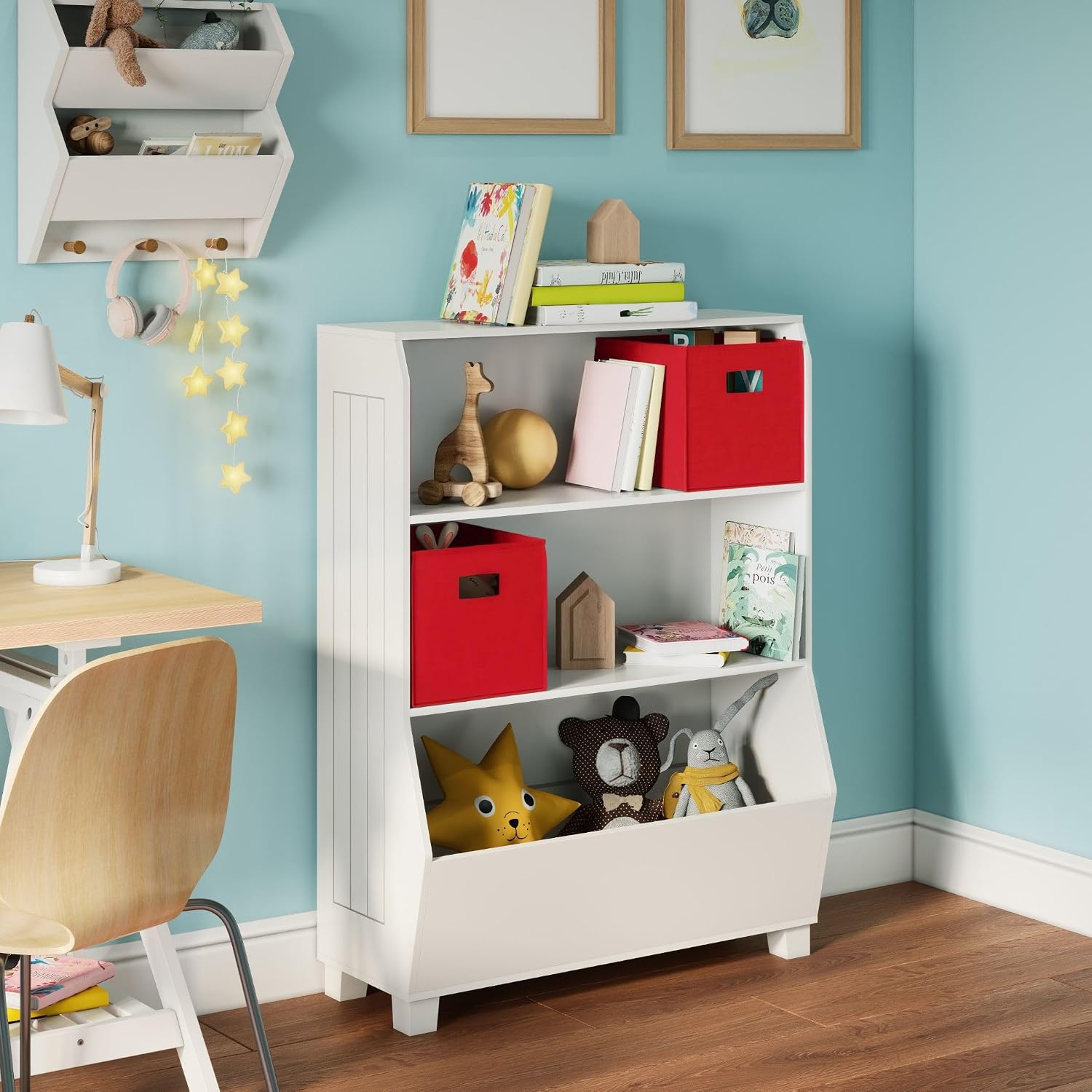 RiverRidge Kids Bookshelf with Toy Storage Organizer & Book Shelf with Spacious Veggie Bin, 2 Open Shelves and 2 Red Fabric Storage Bins - Toy Shelf for Books, Games, Puzzles