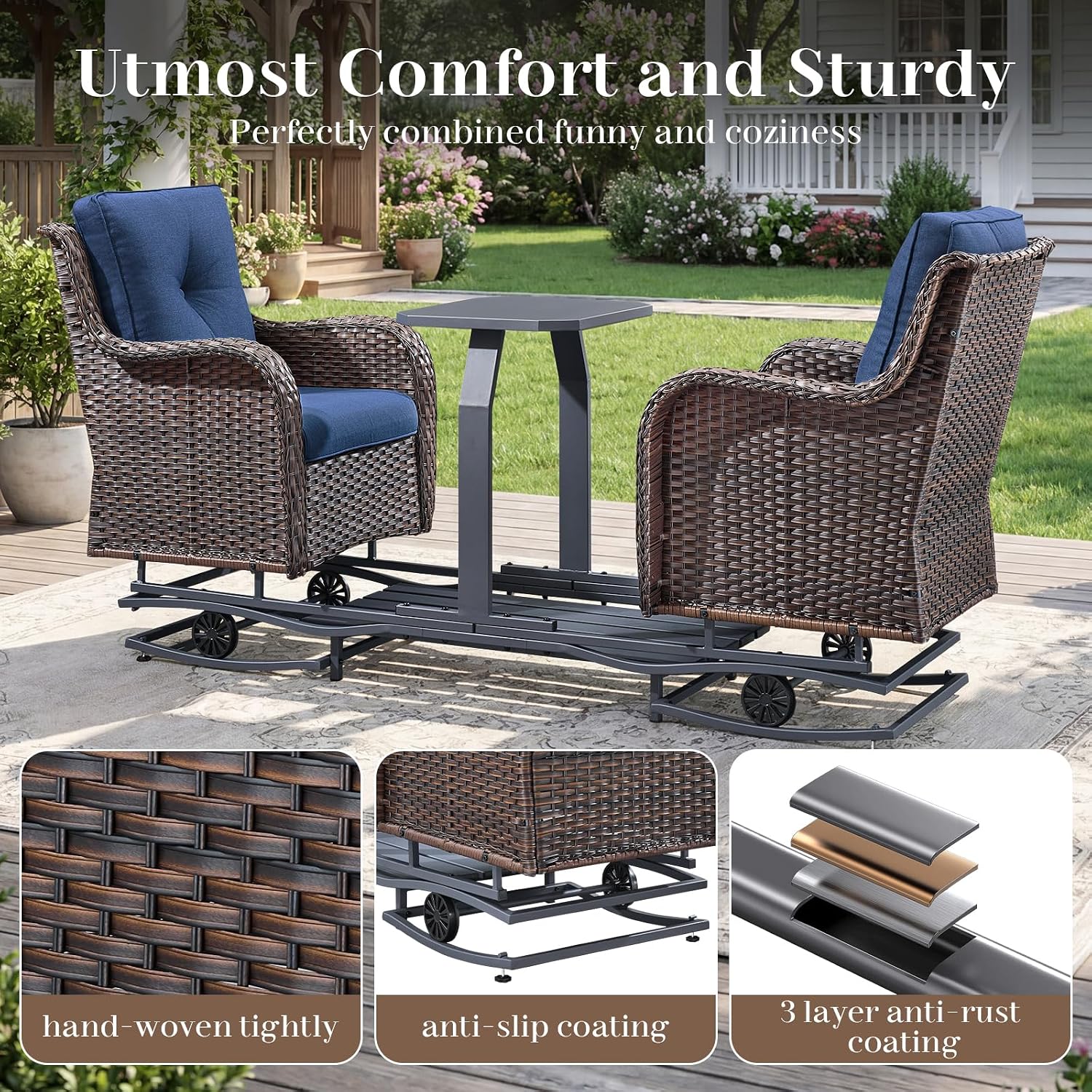 Rilyson Luxury Outdoor Wicker Glider Rocker Chairs for 4 Person, Outdoor Furniture Sets with 2 Piece Wicker Swivel Rocker Chairs, Rattan Glider Rocker Chairs with Table for 2 Seats Brown/Blue