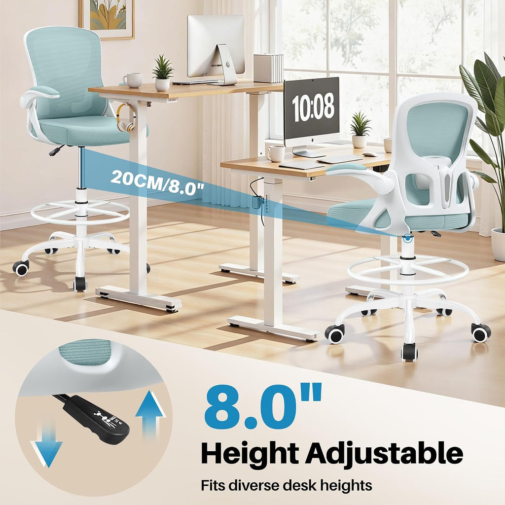 Drafting Chair Tall Office Chair for Standing Desk - Ergonomic Computer Work Stool with Lumbar Support, Flip-up Arms & Foot Ring. for Studio Artist Engineer Gaming Bar Study (Light Blue)