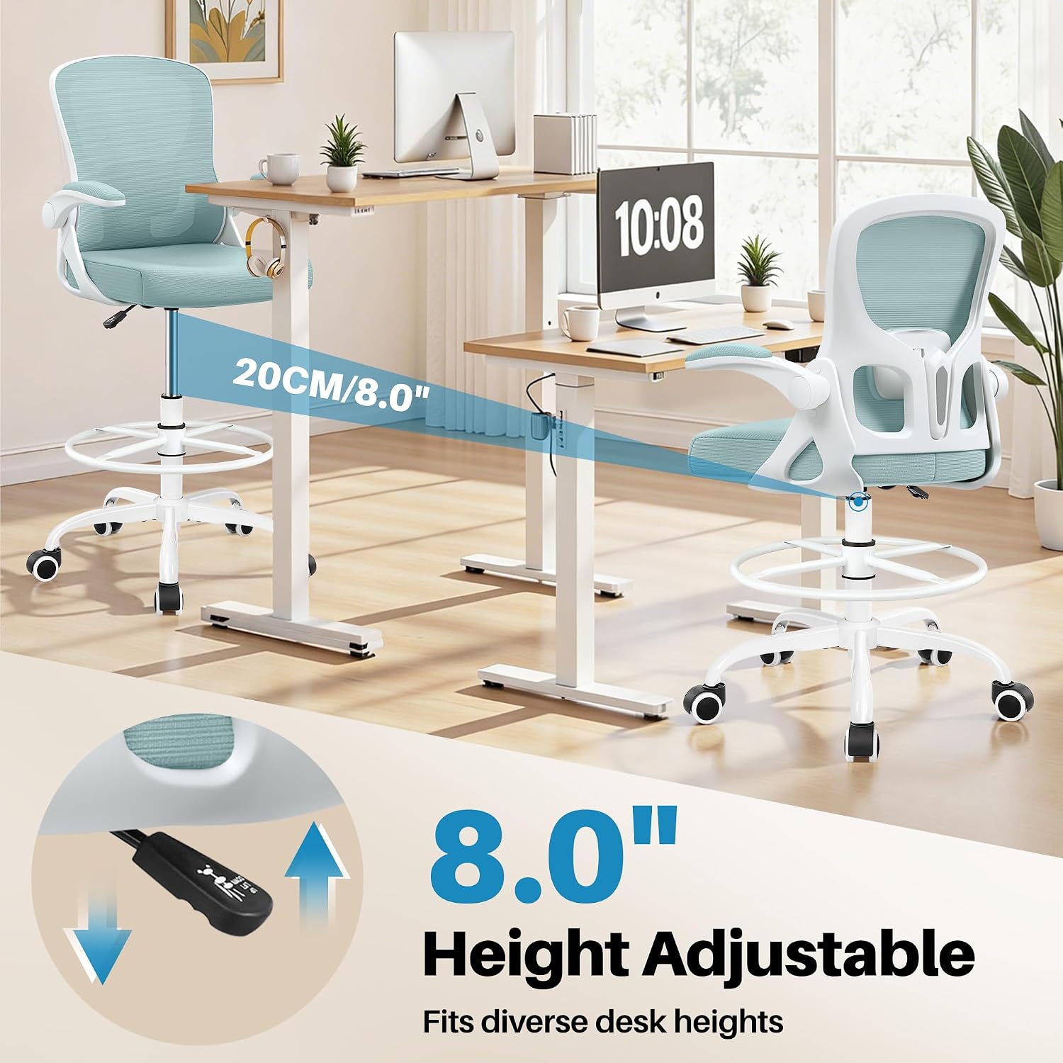 Drafting Chair Tall Office Chair for Standing Desk - Ergonomic Computer Work Stool with Lumbar Support, Flip-up Arms & Foot Ring. for Studio Artist Engineer Gaming Bar Study (Light Blue)
