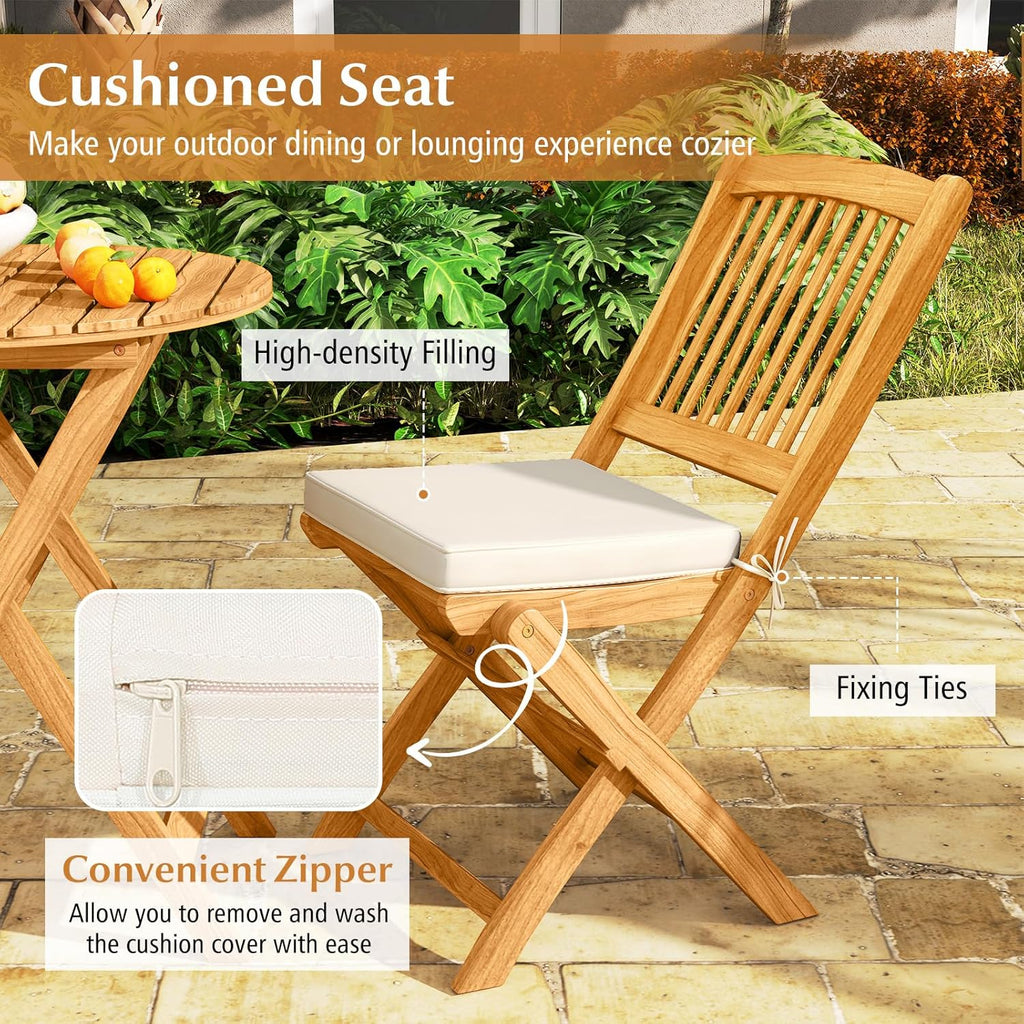 Tangkula 3 Pieces Acacia Wood Patio Folding Bistro Set, Outdoor Table and Chairs Set with Soft Cushions, Patio Furniture Set for Porch, Balcony, Garden, Deck and Backyard