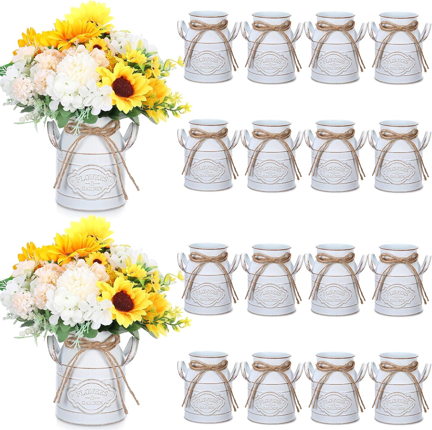 Roshtia 16 Pcs 6 Inch Metal Milk Can Jug Bulk Vintage Galvanized Milk Vase Rustic Farmhouse Flower Bucket French Shabby Chic Decor with Handle for Home Wedding Table Centerpiece (Retro White)