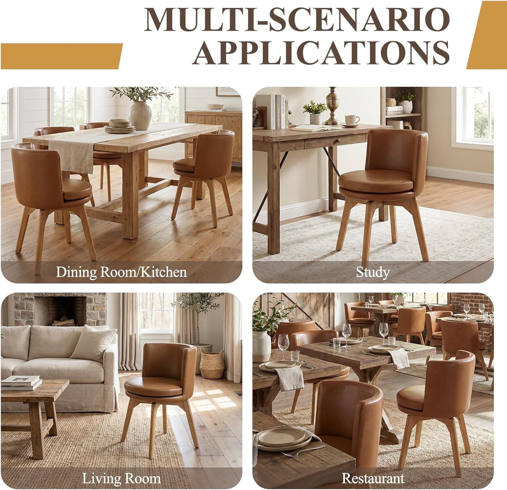 Swivel Dining Chairs Set of 2, 360° Rotating Kitchen Chairs with Solid Rubber Wood Legs, Upholstered Barrel Back Dining Room Seating for Modern Home/Kitchen - Bronw PU