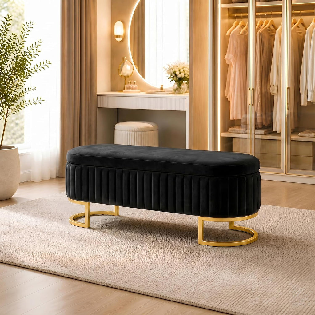 50.5" Modern Velvet Storage Bench, Luxury Channeled Queen Size End of Bed Bench with Hidden Storage and Gold Legs, Modern Glam Ottoman Bench for Bedroom, Living Room, Entryway, Black