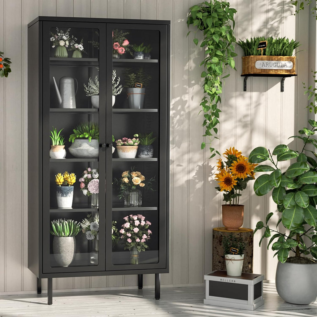 INTERGREAT Glass Display Cabinet, Metal Curio Cabinet with Tempered Glass Doors & Adjustable Shelves, Metal Storage Cabinets for Living Room, School, Plant, Black, Assembly Required