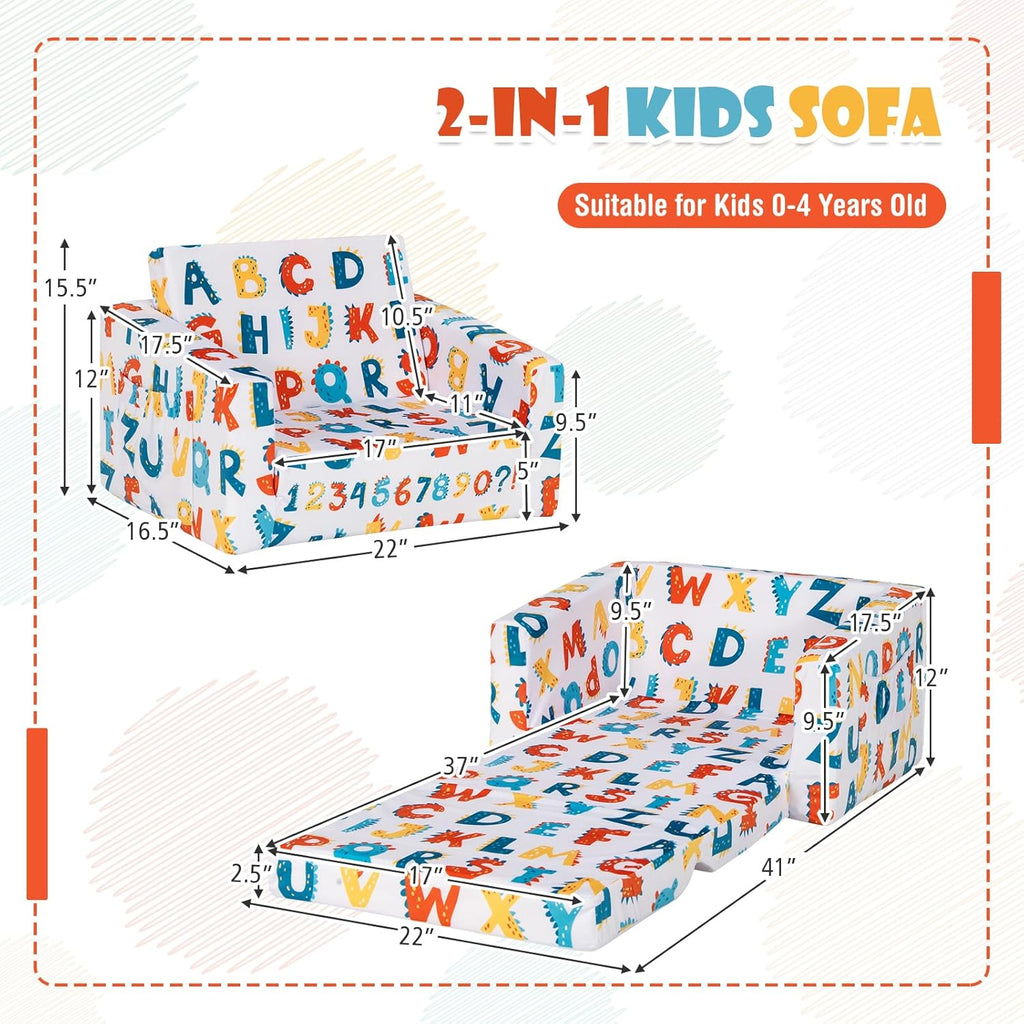COSTWAY Kids Sofa, 2-in-1 Convertible Sofa to Lounger for Children with Side Storage Pocket, Flip Open Couch with Cut Patterns, Lightweight Toddler Furniture for Boys Girls (Alphabet)