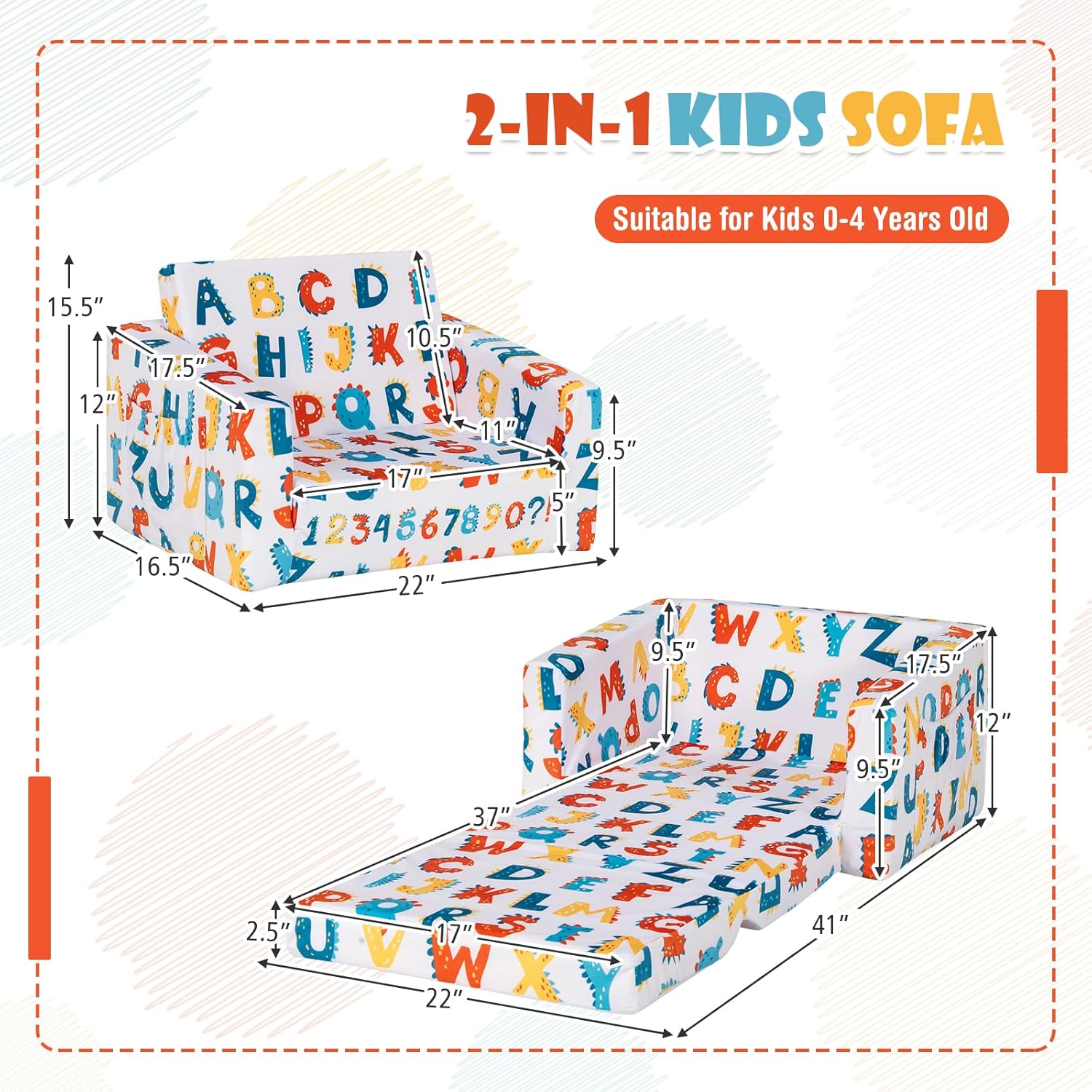 COSTWAY Kids Sofa, 2-in-1 Convertible Sofa to Lounger for Children with Side Storage Pocket, Flip Open Couch with Cut Patterns, Lightweight Toddler Furniture for Boys Girls (Alphabet)