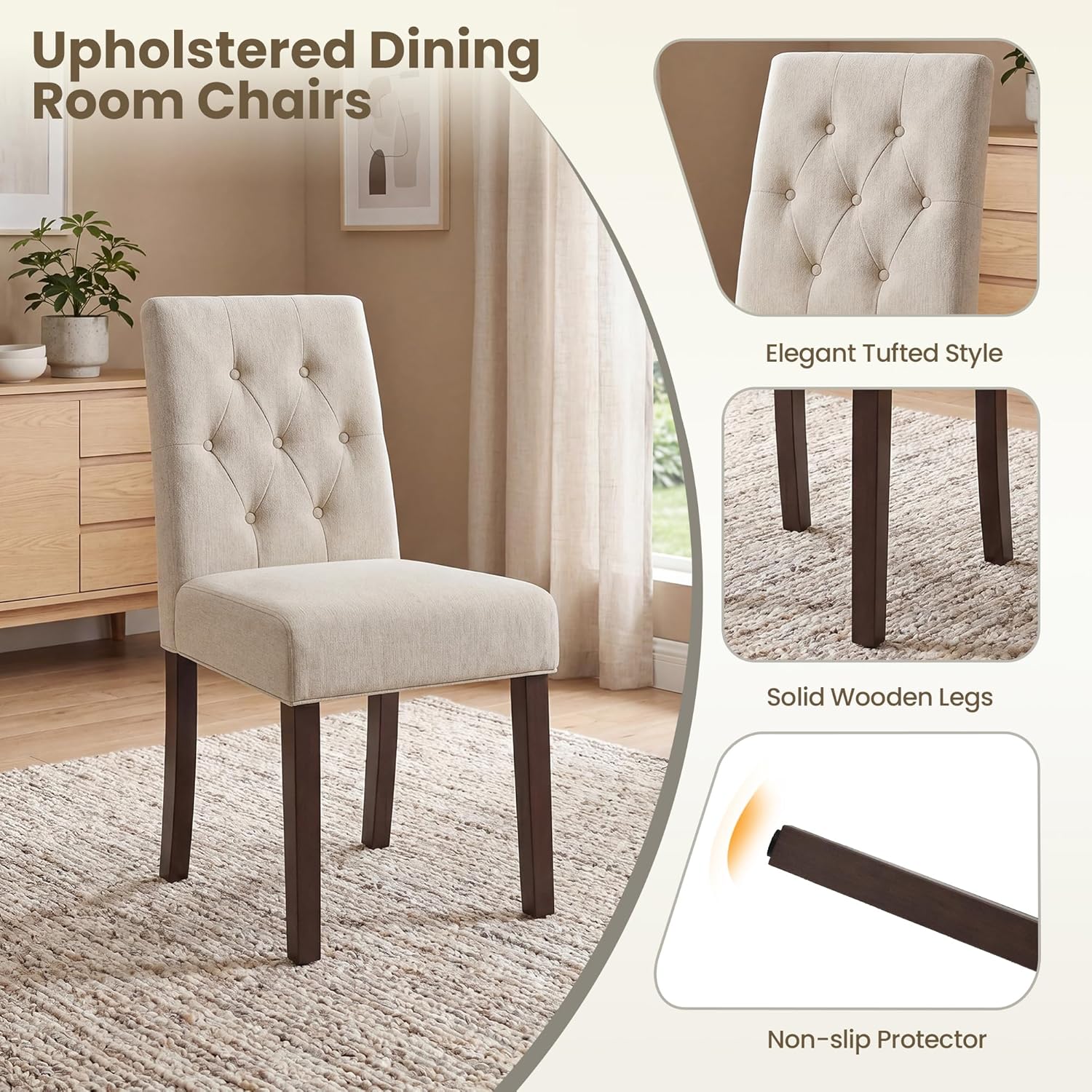 Upholstered Dining Chairs Set of 4 - Modern Parsons Kitchen & Dining Room Chair with Diamond Tufted Back, Solid Wooden Legs for Apartment, Café, Vanity