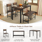 Giantex Dining Table Set for 4, Kitchen Table with Bench and Chairs, Industrial Gathering Bench Dining Set W/Metal Frame & Storage Rack, Dinette Set, Modern Functional Desk Set (Rustic Brown)