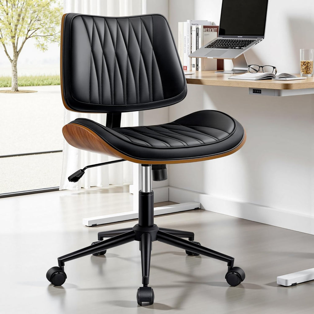 Ergonomic Armless Office Desk Chair - Mid-Century Modern Black Faux Leather with Diamond Stitch, Adjustable Height Swivel Rolling Task Computer Chair with Walnut Accent for Home Office, Study & Work
