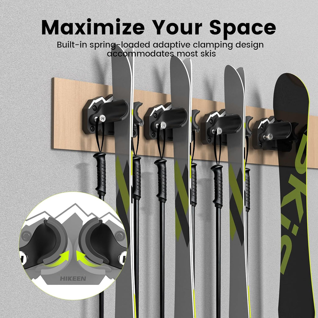 Hikeen Ski & Snowboard Wall Mount,Fits Any Ski or Snowboard, Ski Wall Rack Non-Slip Storage for Garage Organization,Space-Saving Winter Gear Organizer,2 Pack